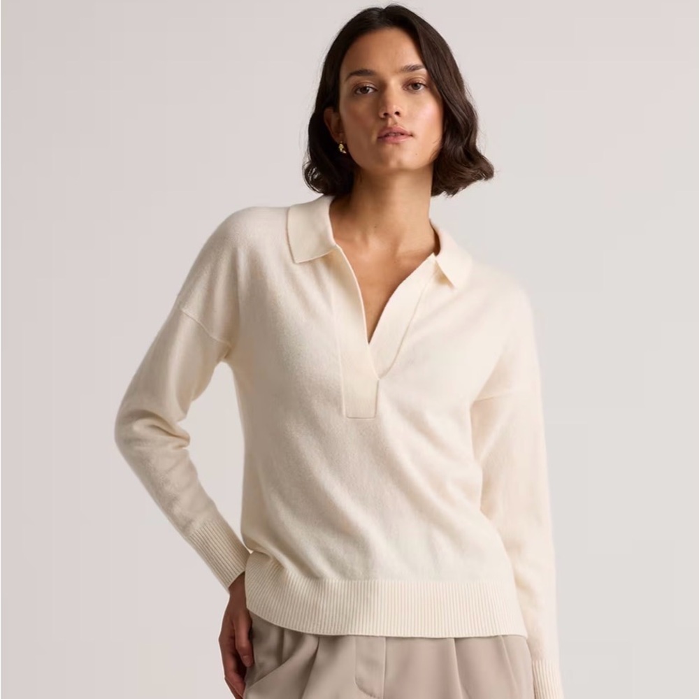 NEW NWT Quince Women's Mongolian Cashmere V-Neck Collared Ivory Cream Sweater - Picture 5 of 10